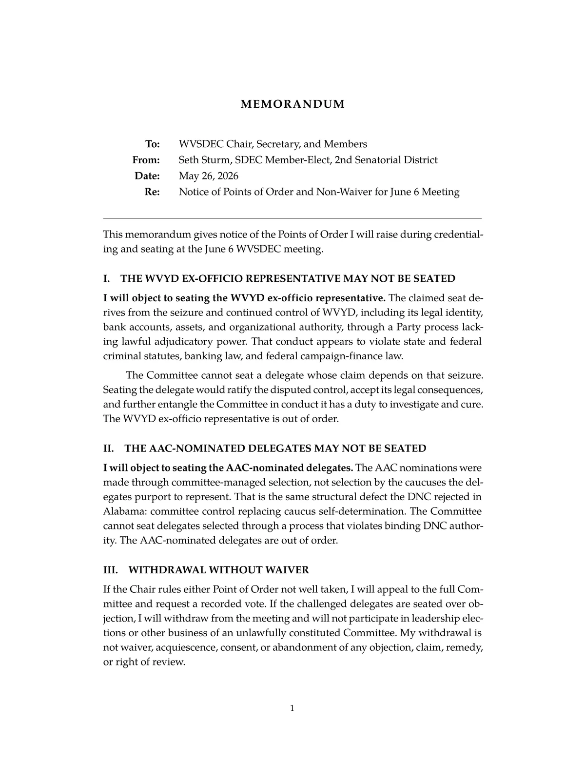 Preview of Notice of Points of Order and Non-Waiver for June 6 WVSDEC Meeting