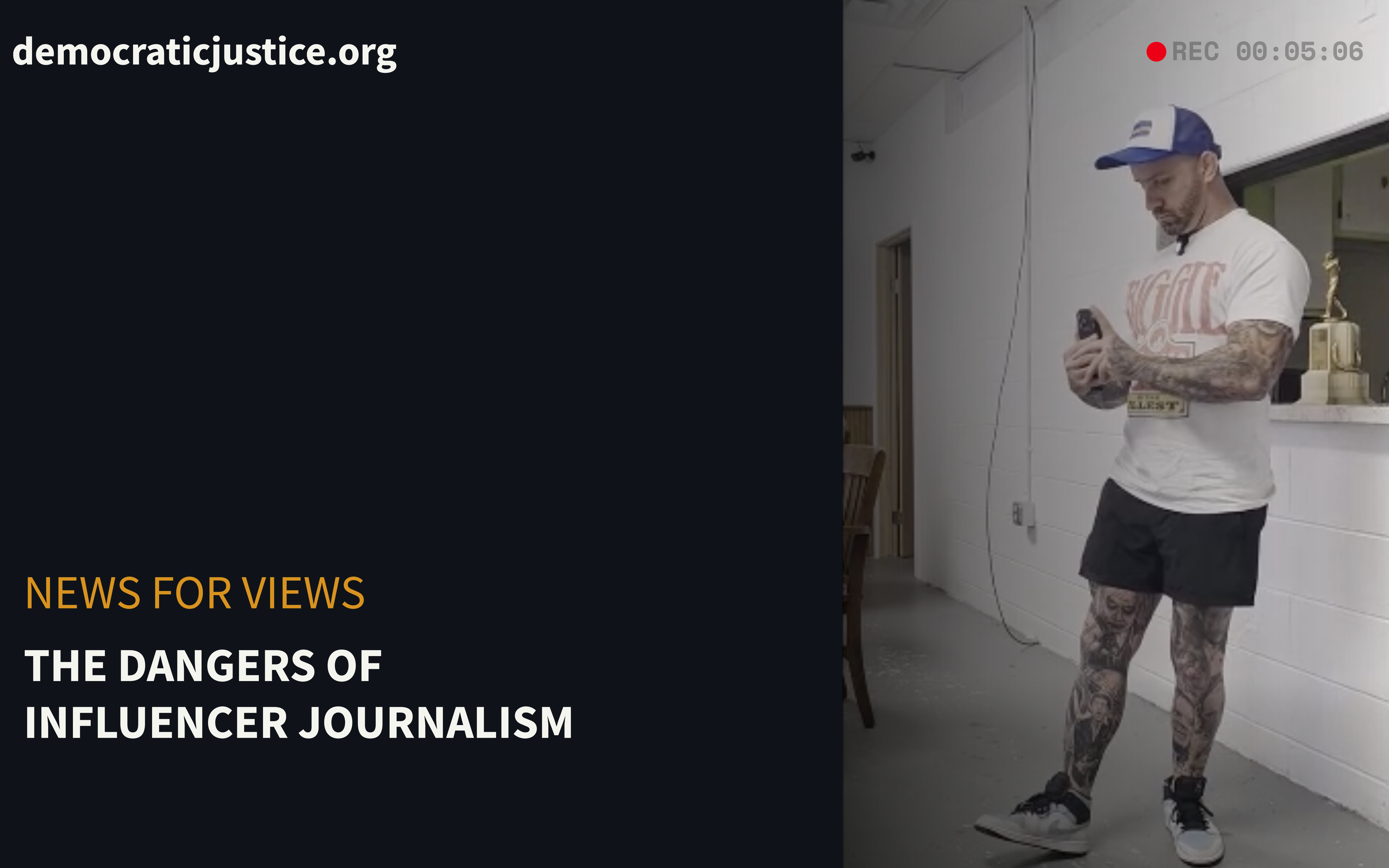 Broadcast-style graphic reading "News for Views: The Dangers of Influencer Journalism," showing content creator Michael Bowman filming on his phone inside Worthington Town Hall.