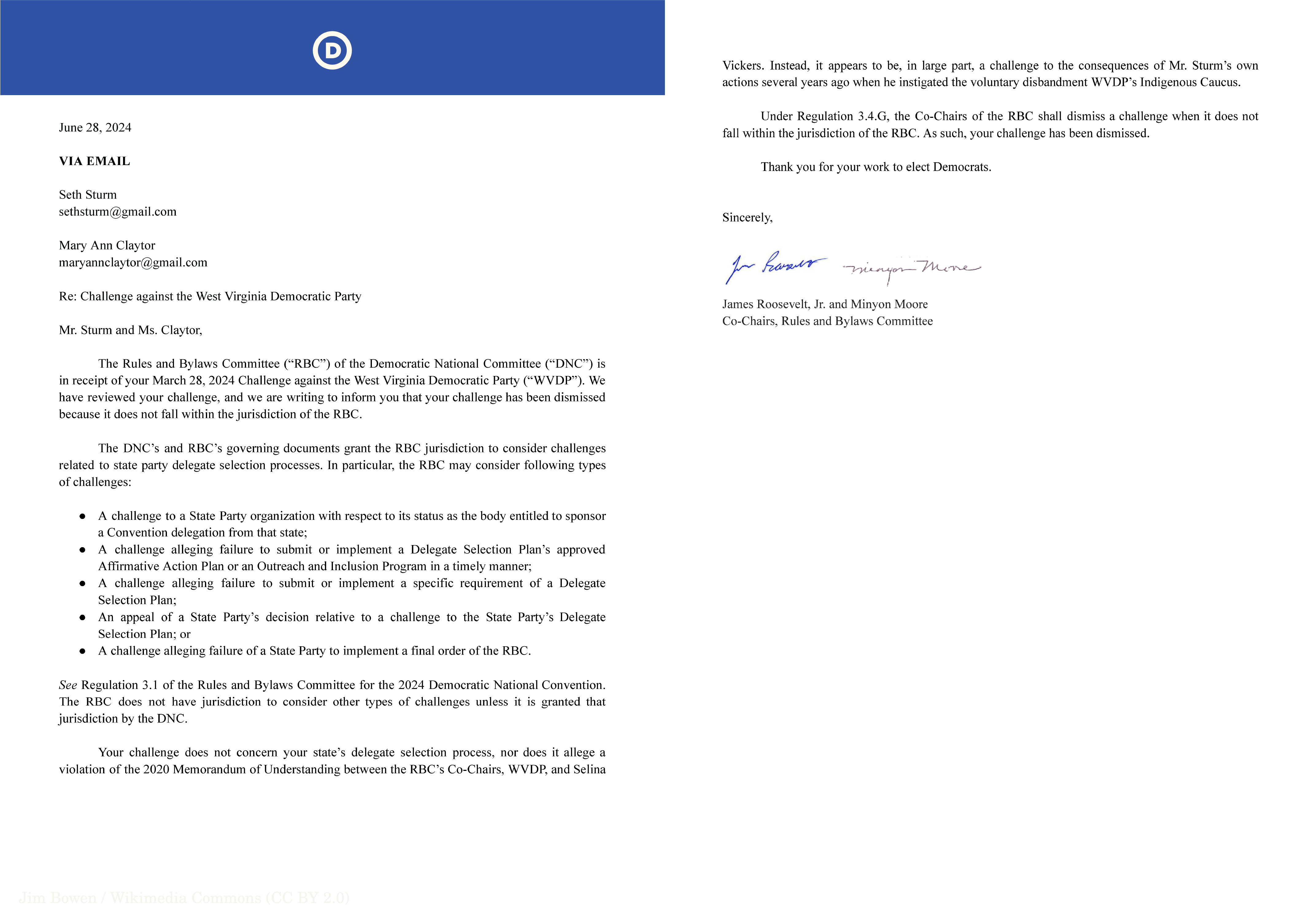 A side-by-side image of a two-page official letter from the DNC Rules and Bylaws Committee. The first page outlines the RBC's limited jurisdiction and informs Seth Sturm and Mary Ann Claytor that their challenge has been dismissed. The second page concludes the dismissal and ends with the phrase "Thank you for your work to elect Democrats."